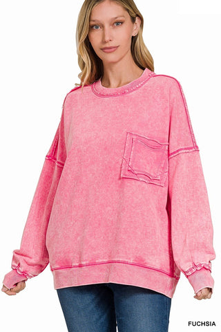 Zenana French Terry Acid Wash Raw Edge Front Pocket Pullover Fuchsia