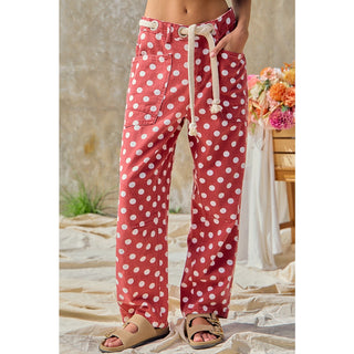 BiBi Polka Dot Print Denim Pants with Waist Belt Red