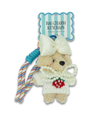 Simply Southern plush strawberry bag charm with Simply Southern logo