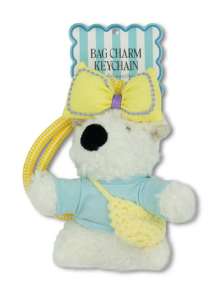 Simply Southern plush yellow bow bag charm with Simply Southern logo