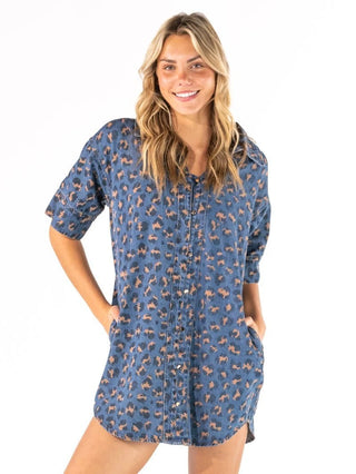 Simply Southern Button Down Denim Dress Leopard