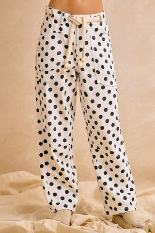 BiBi Polka Dot Print Denim Pants with Waist Belt Ivory/Black