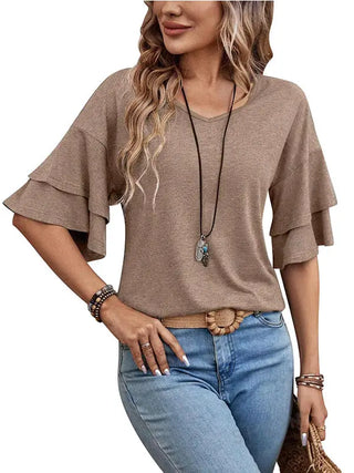 Ruffle Sleeve Casual Top Camel