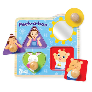 Melissa & Doug Ms. Rachel wooden peek-a-boo puzzle with four jumbo peg pieces and mirror