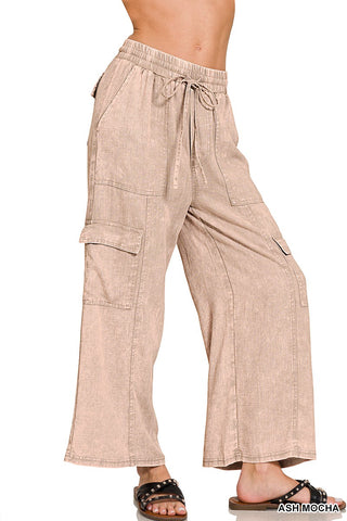 Zenana Washed Linen Elastic Band Waist Cargo Pants Ash Mocha