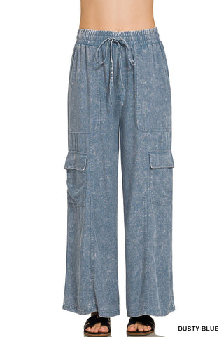 Zenana Washed Linen Elastic Band Waist Cargo Pants Dusty Blue