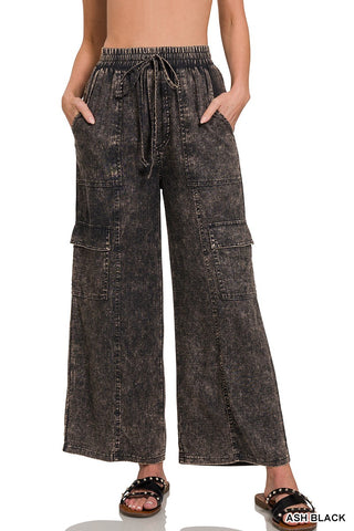 Zenana Washed Linen Elastic Band Waist Cargo Pants Ash Black