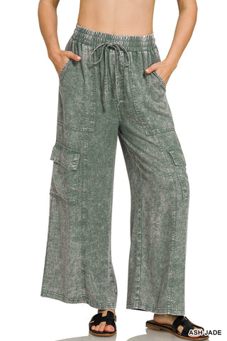 Zenana Washed Linen Elastic Band Waist Cargo Pants Ash Jade