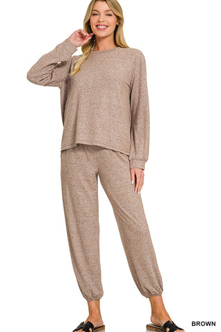 Hacci Long Slv Round Neck & Jogger Set Brown
