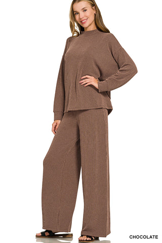 Zenana Raised Rib Mock Neck Long Sleeve Tee and Pants Set Chocolate