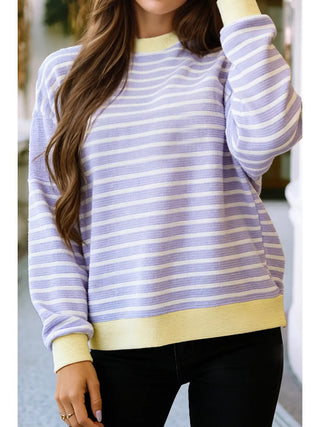 Striped Round Neck Sweatshirt Purple