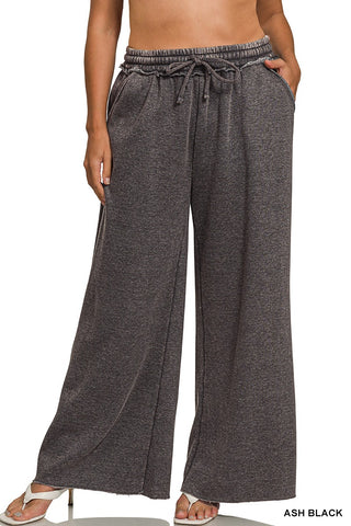 Zenana Plus Acid Wash Fleece Palazzo Sweatpants Ash Black