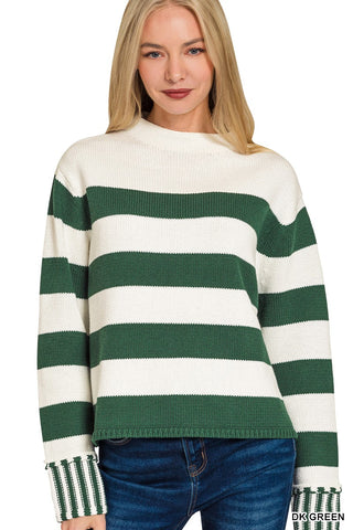 Knit Striped Sweater Dark Green