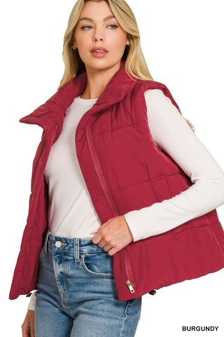 Zenana high neck puffer vest in burgundy