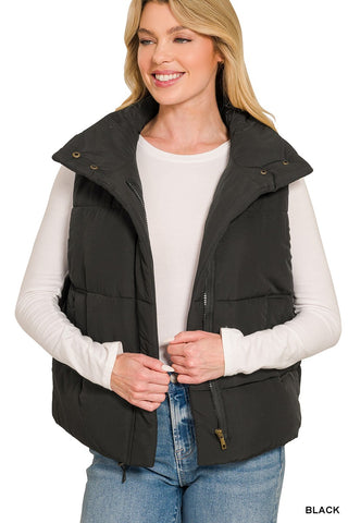 Zenana high neck puffer vest in black