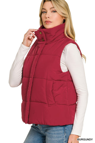 Zenana burgundy high neck puffer vest, alternate view