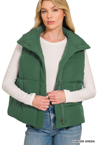 Zenana high neck puffer vest in hunter green