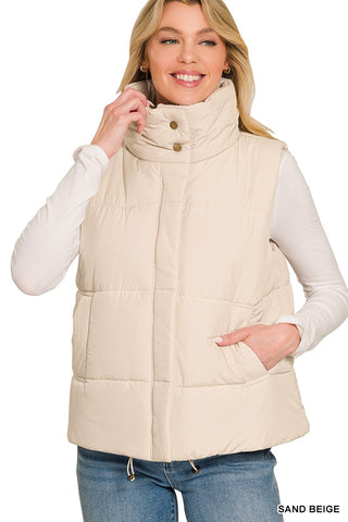 Zenana high neck puffer vest in sand beige