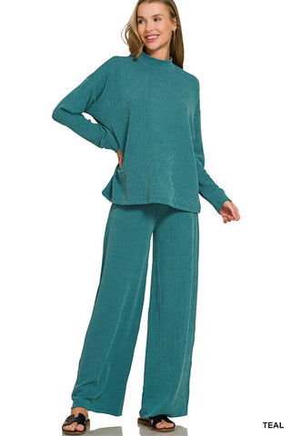 Zenana Raised Rib Mock Neck Long Sleeve Tee and Pants Set Teal