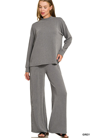 Rib Mock Neck Long Sleeve and Pants Set Grey