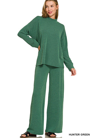 Rib Mock Neck Long Sleeve and Pants Set Hunter Green