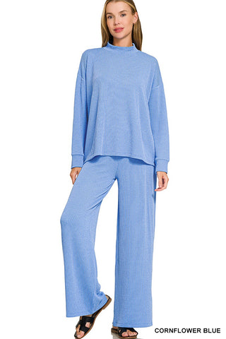 Rib Mock Neck Long Slv & Pants Set Cornflower Blue