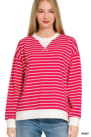 Striped Rib Banded Pullover Ruby