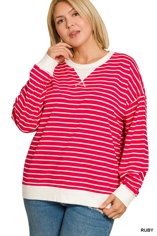Striped Rib Banded Pullover Ruby