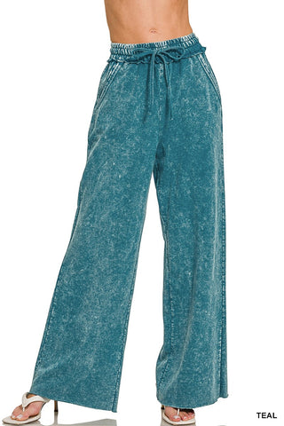 Zenana Washed French Terry Sweatpants Teal