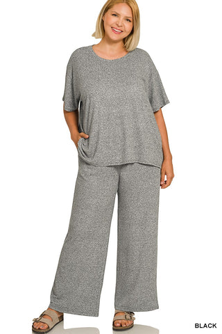 Zenana Plus Soft Melange Short Sleeve Tee and Long Pants Set Black