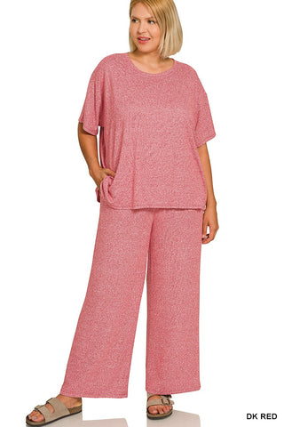 Zenana Plus Soft Melange Short Sleeve Tee and Long Pants Set Dark Red