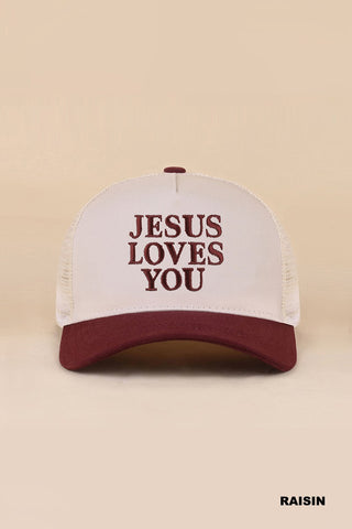 Zenana raisin Jesus Loves You trucker hat, side view