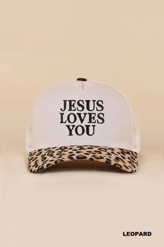 Jesus Loves You Mesh Snapback Hat Leopard
