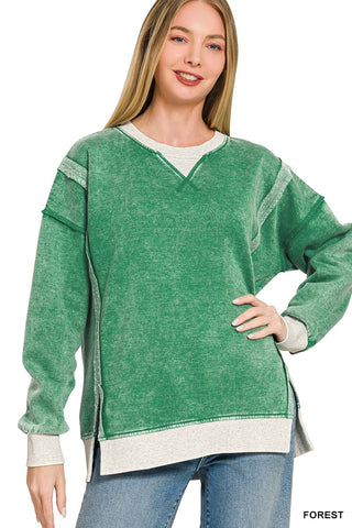 Zenana fleece pullover in forest green with contrast trim