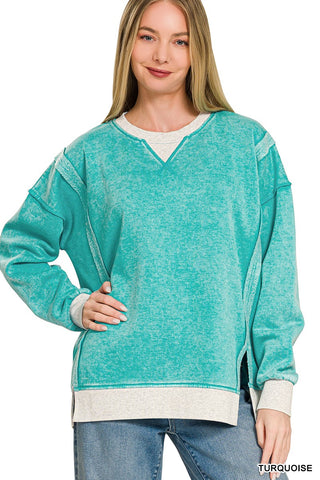 Zenana fleece pullover in turquoise with contrast trim