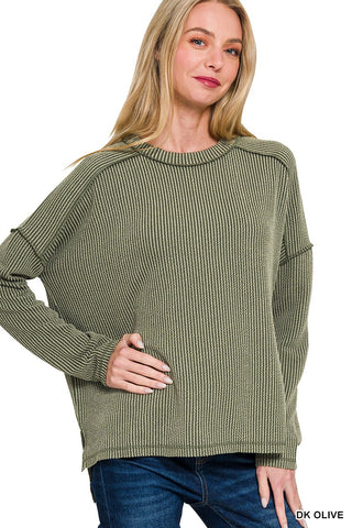 Zenana Raised Rib Raw Edge Boat Neck Long Sleeve Top Dark Olive