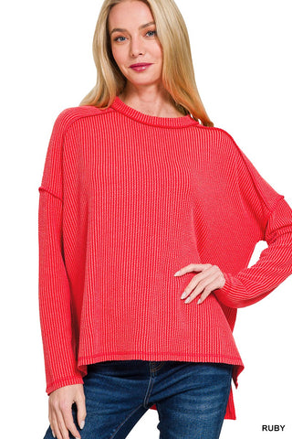 Zenana Raised Rib Raw Edge Boat Neck Long Sleeve Top Ruby