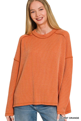 Zenana Raised Rib Raw Edge Boat Neck Long Sleeve Top Burnt Orange