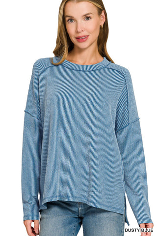 Zenana Raised Rib Raw Edge Boat Neck Long Sleeve Top Dusty Blue