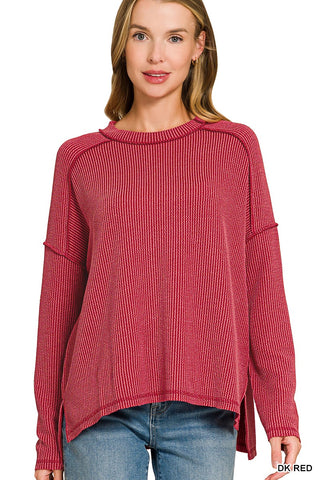 Rib Boat Neck Long Sleeve Top Dk Red