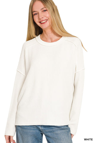 Zenana Raised Rib Raw Edge Boat Neck Long Sleeve Top White
