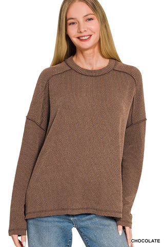 Zenana Raised Rib Raw Edge Boat Neck Long Sleeve Top Chocolate