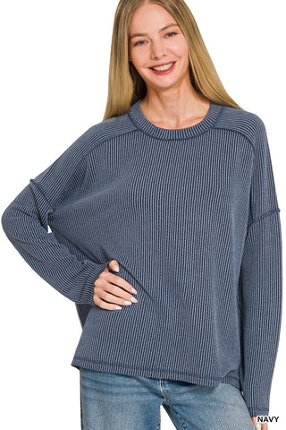 Zenana Raised Rib Raw Edge Boat Neck Long Sleeve Top Navy