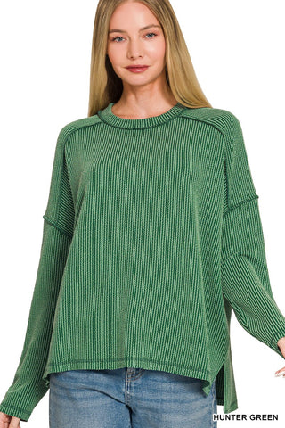 Zenana Raised Rib Raw Edge Boat Neck Long Sleeve Top Hunter Green