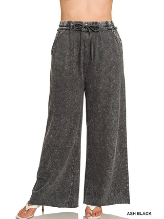 Zenana Washed French Terry Sweatpants Ash Black