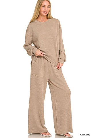 Rib Round Neck Pullover and Pants Set Cocoa