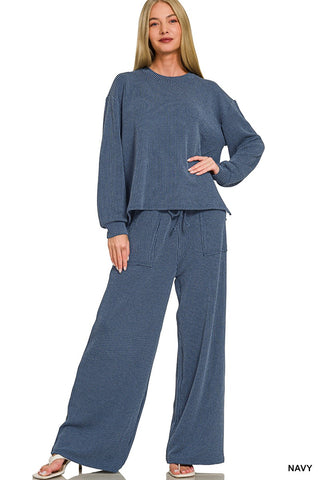 Rib Round Neck Pullover and Pants Set Navy