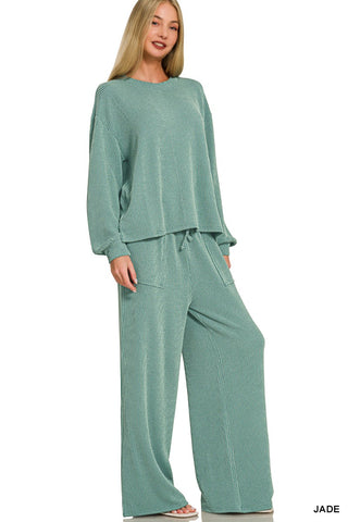 Rib Round Neck Pullover and Pants Set Jade