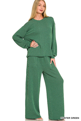 Rib Round Neck Pullover and Pants Set Hunter Green