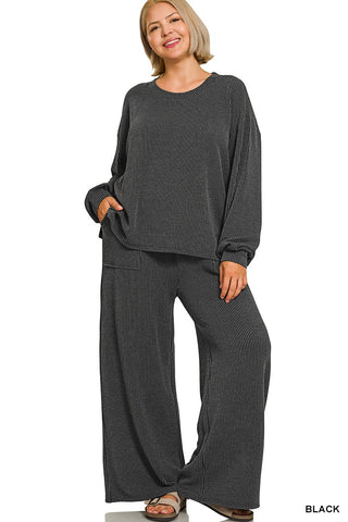 Zenana ribbed round neck pullover and pants set in black